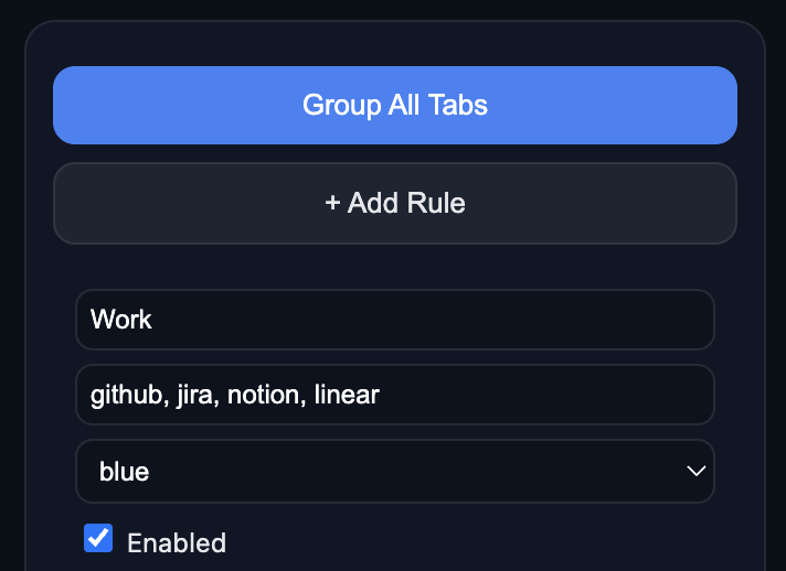 IntelliTabs interface showing tab groups organized by category